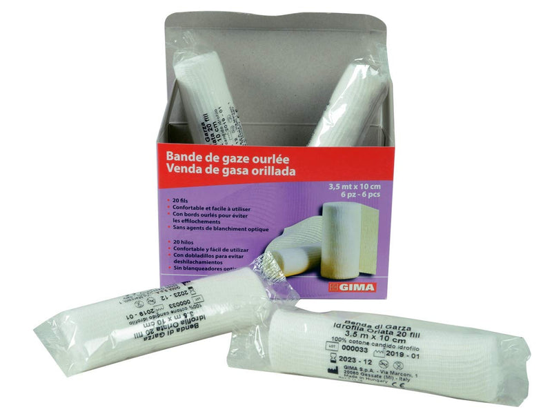 Gima - 20 threads hydrophilic hemmed gauze bandage, 100% hydrophilic white cotton, hemmed edge, latex free, size 3.5m x 10cm, box of 6 rolls 6 rolls x 3.5m x 10cm