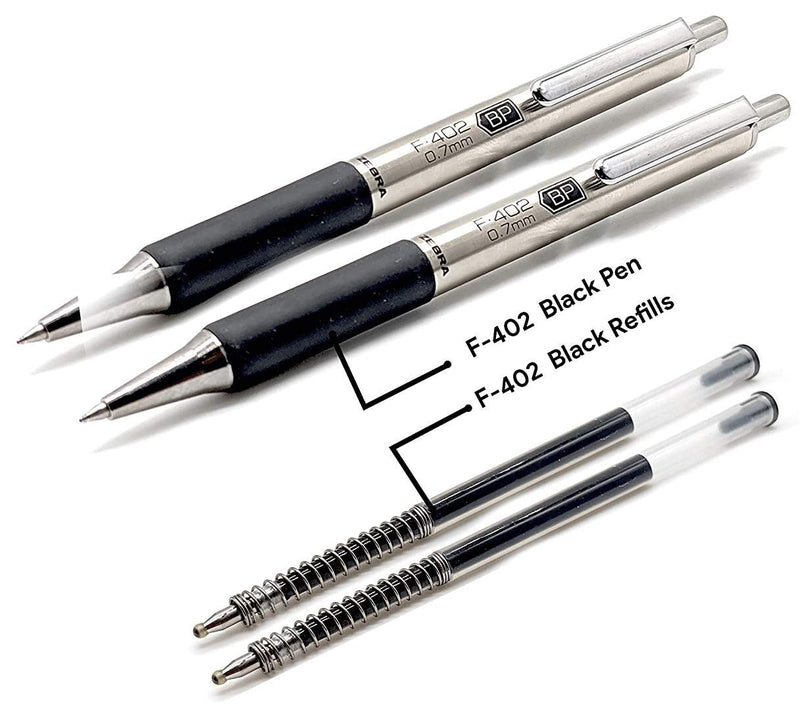 Zebra Pens Fine Point F-402 Ballpoint Stainless Steel Pen, 0.7mm Black Ink, 2 Black Ink Retractable Metal Pens with 2 Black Ink Refills in Pack, 0.7mm Fine Point Pens With .7 mm F402 Zebra Pen Refill.