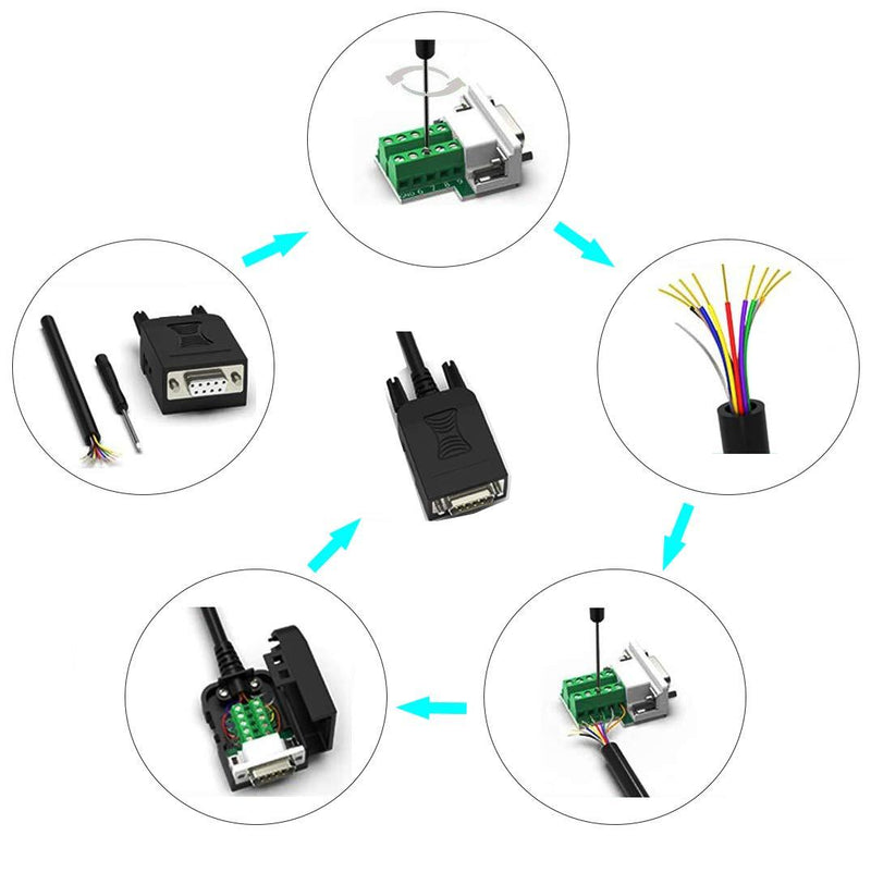 DaFuRui(2-Male+2-Female) DB9 Solderless RS232 D-SUB Serial to 9pin Port Terminal Male Female Adapter Connector Breakout Board with Case Long Bolts Tail Pipe 2Female+2Male