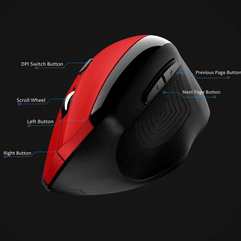 memzuoix Ergonomic Mouse Wireless Mouse, 2.4G Large Vertical Mouse USB Optical Cordless Mice with 800 / 1200 /1600 DPI, Ergonomic Computer Mouse for Laptop, PC, Desktop (for Right Hand) Red