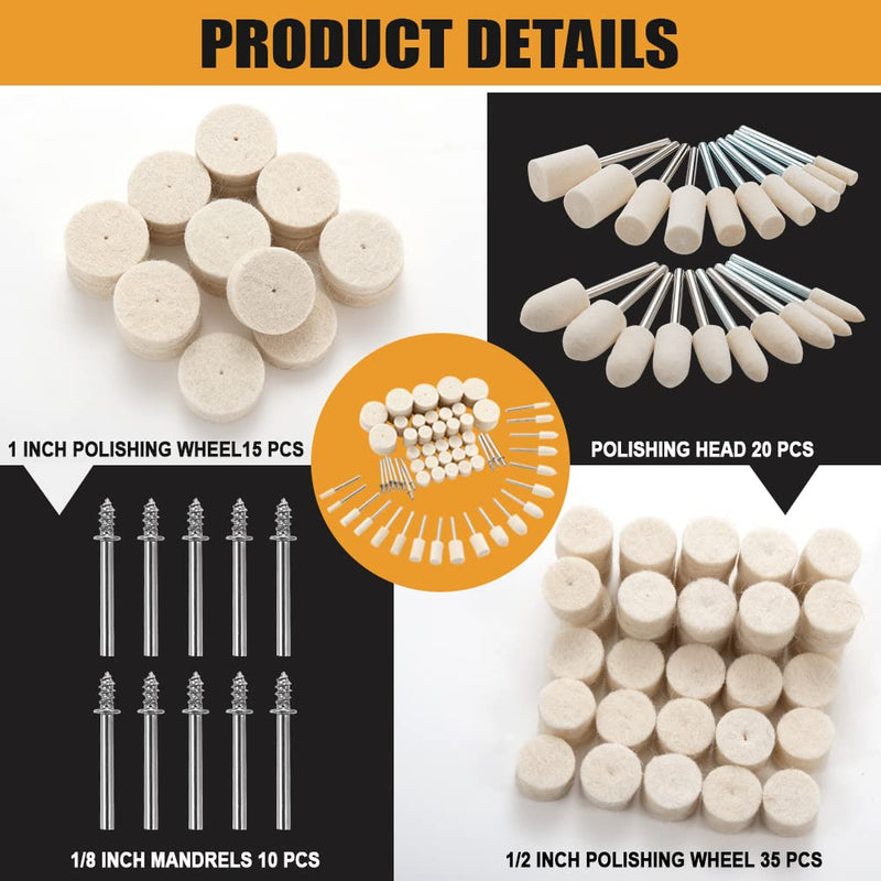 80PCS Wool Felt Polishing Discs, Wool Felt Mounted Mandrel Polishing Set with 1/8" Shank Polishing Accessories for Dremel Rotary Tool Jewelry Metal Glass