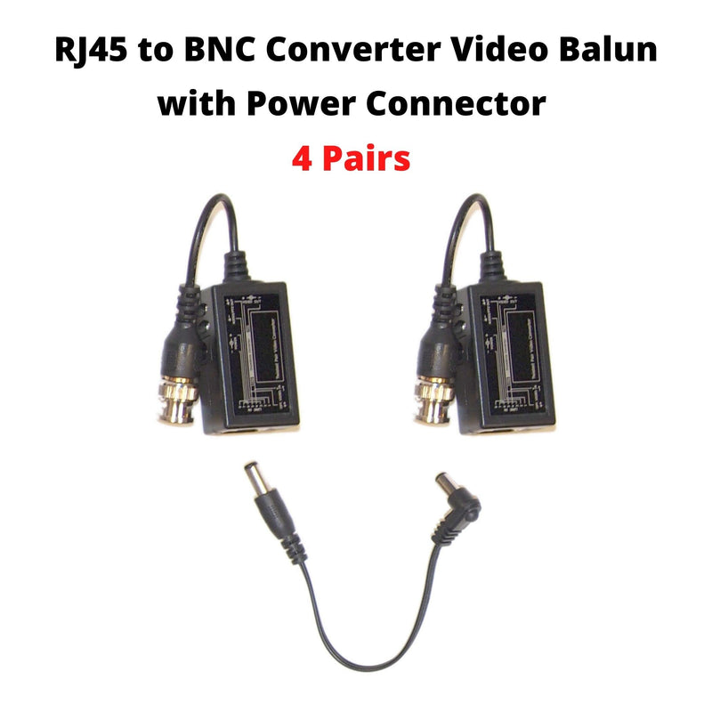 Evertech 4 Pairs (8 pcs) RJ-45 to BNC Converter Video Baluns with Power Connectors for Security CCTV Surveillance Camera