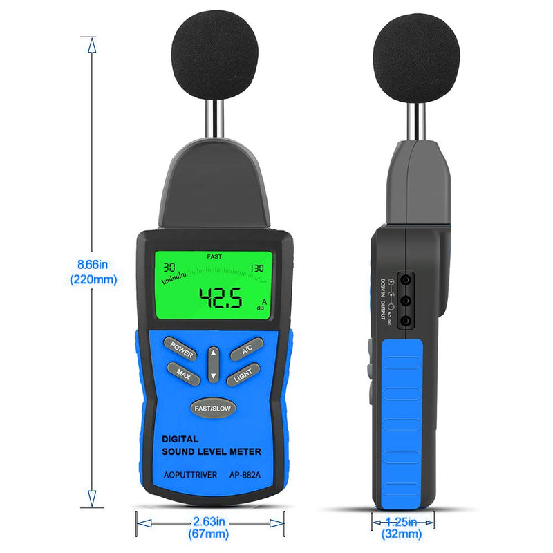 Decibel Meter, Digital Sound Level Meter, Measuring 30dBA~130dBA Portable LCD Display Sound Level Meter A/C Weighted for Home Workshops, MAX/DataHold 2.ap-882a(30~130dba/Dbc)