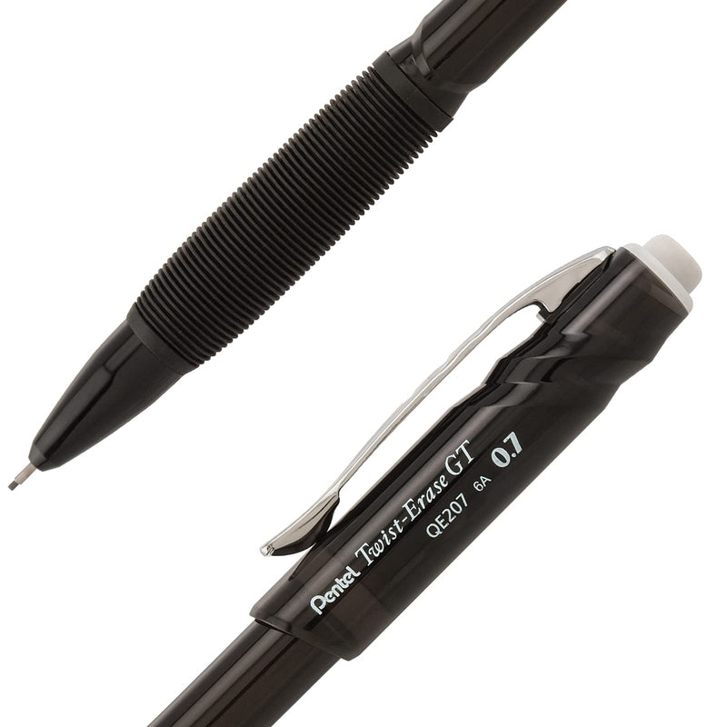 Pentel Twist-Erase GT, 0.7mm, Mechanical Pencil Transparent Black, Box of 12 (QE207A)