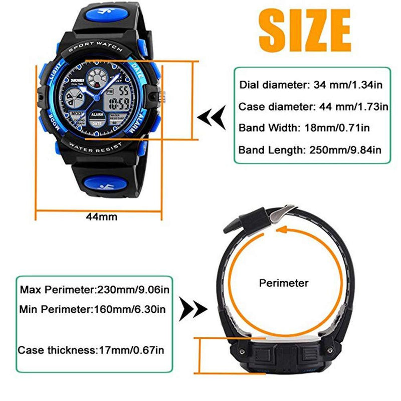 Boys Digital Watch Outdoor Sports 50M Waterproof Electronic Watches Alarm Clock 12/24 H Stopwatch Calendar Wristwatch - Black Blue