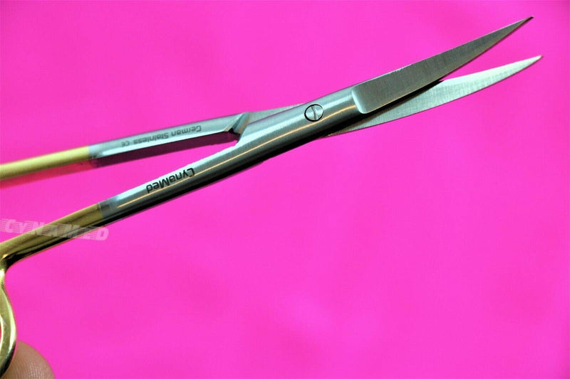 Premium German Iris Supercut Micro Dissecting Scissors Curved 4.5" with Tungsten Carbide Inserts Gold Handle (Curved Blades) CURVED BLADES