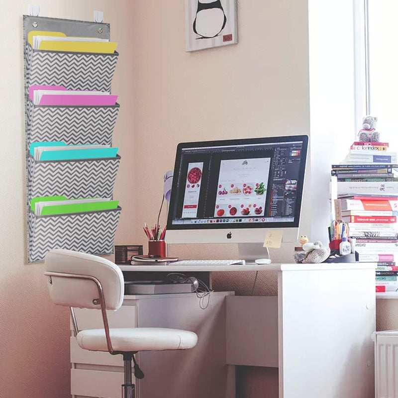 Eamay Wall Mount/Over Door File Hanging Storage Organizer - 4 Large Office Supplies File Document Organizer Holder for Office Supplies, School, Classroom, Office or Home Use, Wave Pattern 4 Pocket - Wave Pattern