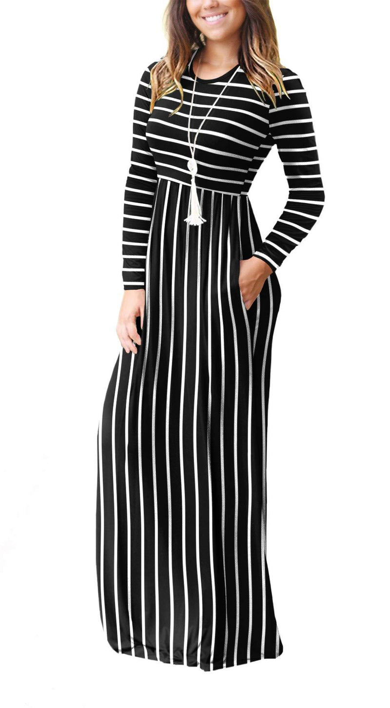 DEARCASE Women Long Sleeve Loose Plain Maxi Pockets Dresses Casual Long Dresses Small 1-black Striped