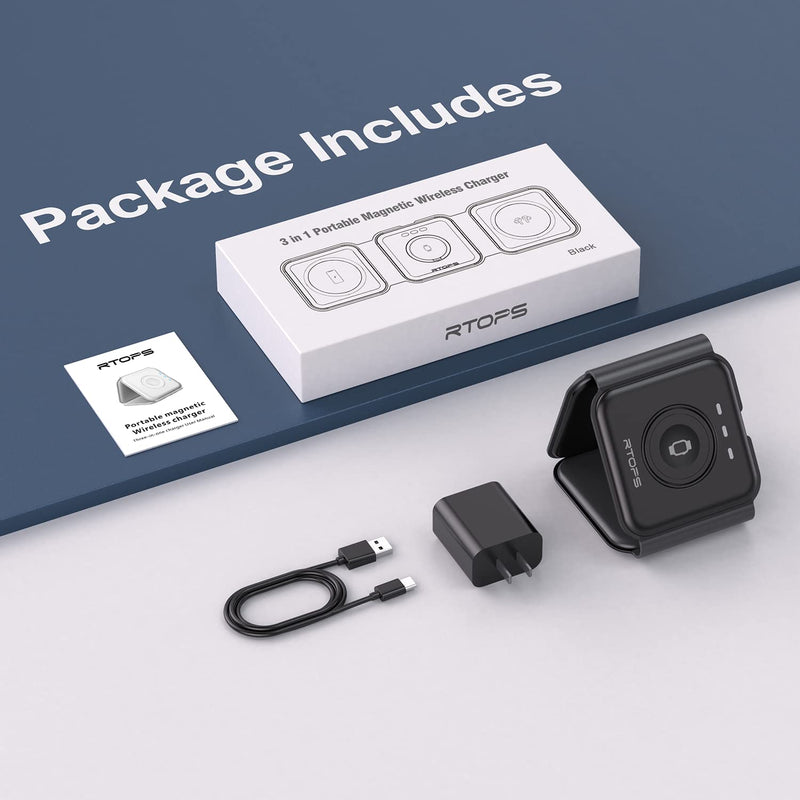 Wireless Charger 3 in 1,RTOPS Magnetic Foldable Wireless Charging Station,GaN Fast Wireless Charger Stand,Compatible with iPhone 13/12/11/8/Pro/Max,iWatch,AirPods 3/2/Pro and Samsung(Adapter Inclues) Black