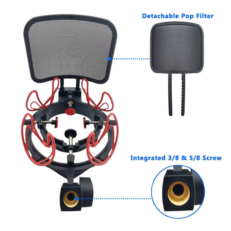 Suuntok Microphone Shock mount Kit Compatible with All Microphones Size at 21-62mm,Includes Universal Mic Shock-Mount and Pop Filter (black) black
