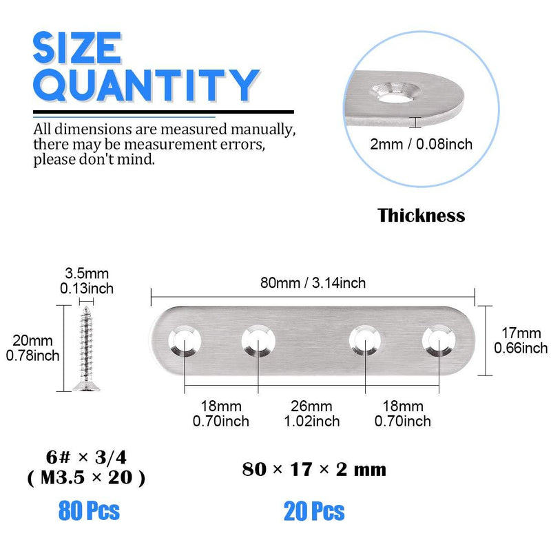 Glarks 20 Sets 80mm/3inch Stainless Steel Flat Straight Brace Brackets Mending Joining Plates Repair Fixing Bracket Connector and 80pcs Self Tapping Screws Set (80mm/3inch)