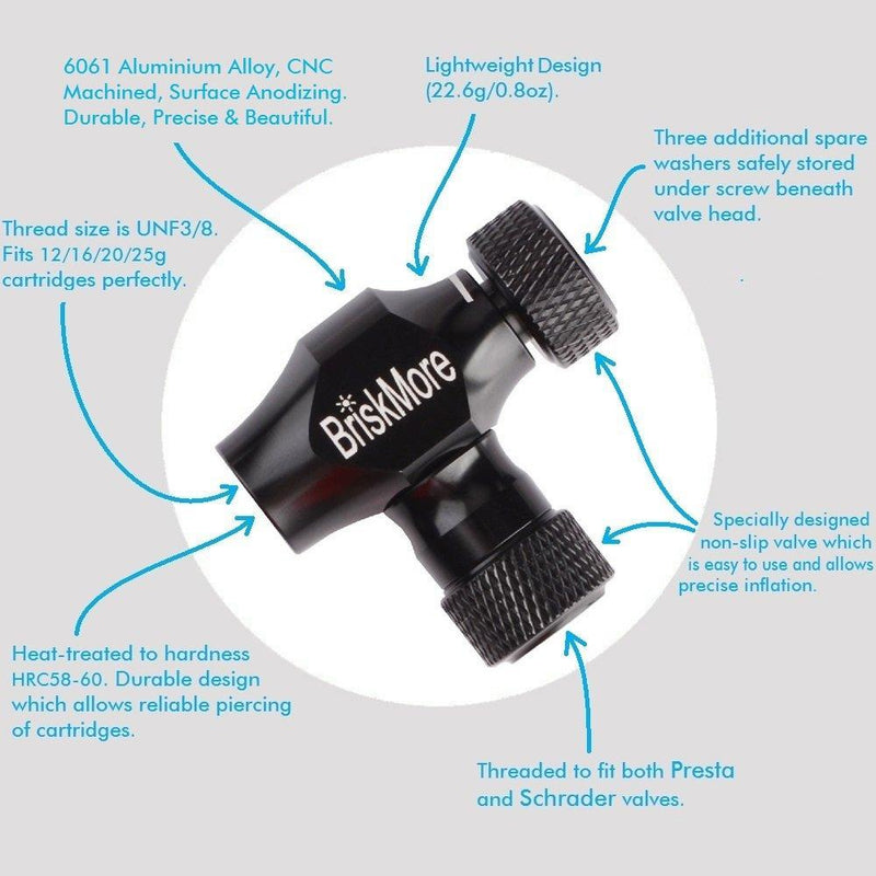 Black CO2 inflators for Bikes Tire by BriskMore, Presta and Schrader Valve Compatible, Bike Tire Pump for Snow Mountain Biking and Road Bicycles, Insulated Sleeve, CO2 Bike Cartridge NOT Included