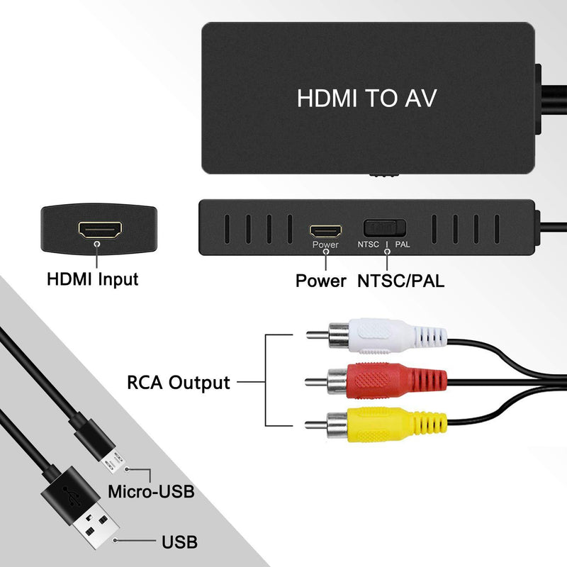 HDMI to RCA Converter Dingsun HDMI to AV Adapter HDMI to Older TV Adapter Compatible for Apple TV, Xiaomi Mi Box, Android TV Box, Roku, Fire Stick, DVD, Blu-ray Player ect. Supports PAL/ NTSC HDMI to RCA converter