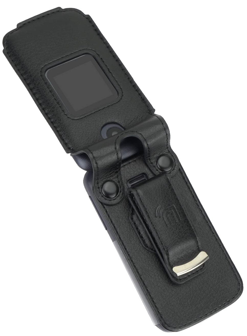 Case for Alcatel Go Flip 4 / TCL Flip Pro Phone, Nakedcellphone [Black Vegan Leather] Form-Fit Cover with [Built-in Screen Protection] and [Metal Belt Clip]