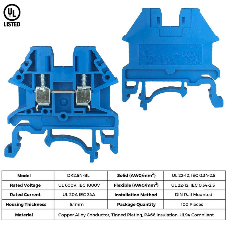 Dinkle DK2.5N-BL DIN Rail Terminal Blocks (Pack of 100)