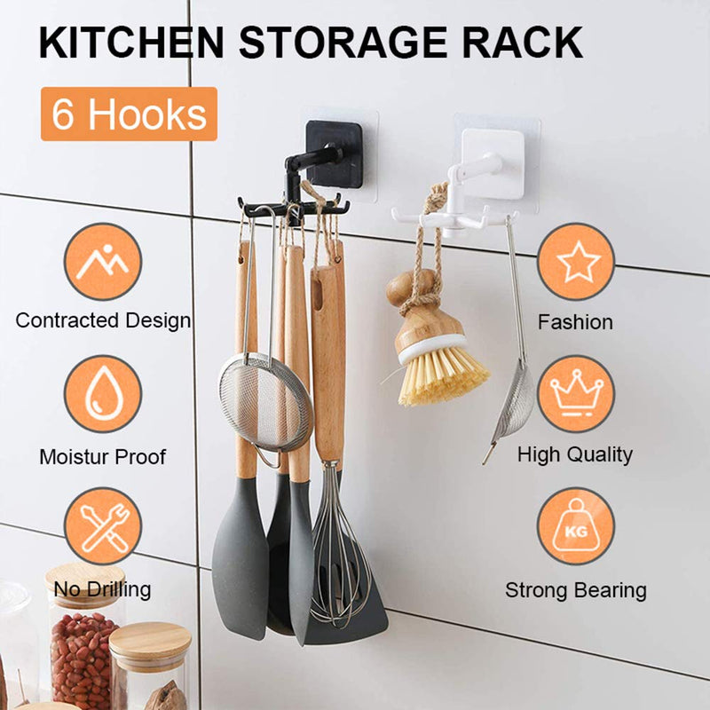 365Home Hanging Utensil Holder Hooks Kitchen Utensil Hanger Wall Mount 360 Degrees Rotating Folding Hook Self Adhesive Hook Utensil Rack with 6 Hooks for Home Kitchen Bathroom Cabinet (Black) Black