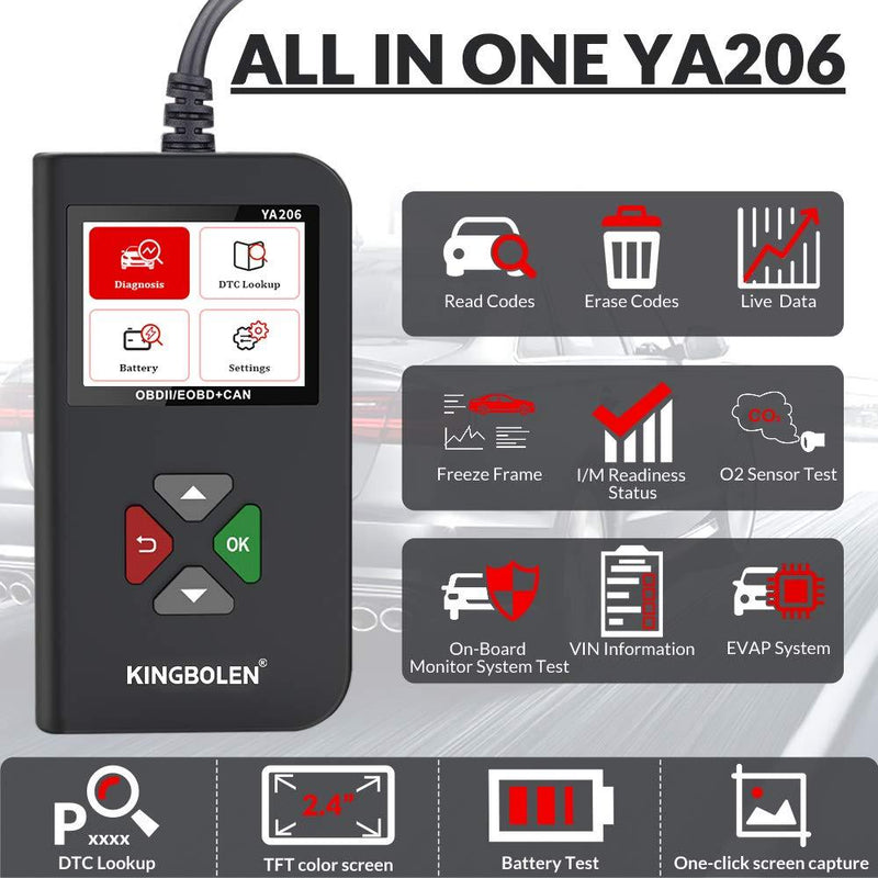 KINGBOLEN OBD2 Scanner YA-206 Code Reader,Car Engine Scan Tool with Full OBD2 Functions,Read and Clear DTCs for MIL Turn-Off Check Engine Light,Car Code Scanner for O2 Sensor and Smog Test