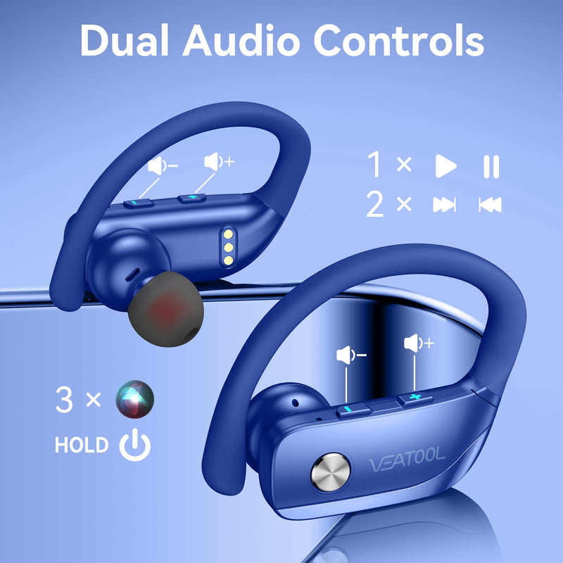 Wireless Earbuds Bluetooth Headphones 48hrs Play Back Sport Earphones with LED Display Over-Ear Buds with Earhooks Built-in Mic Headset for Workout Blue BMANI-VEAT00L