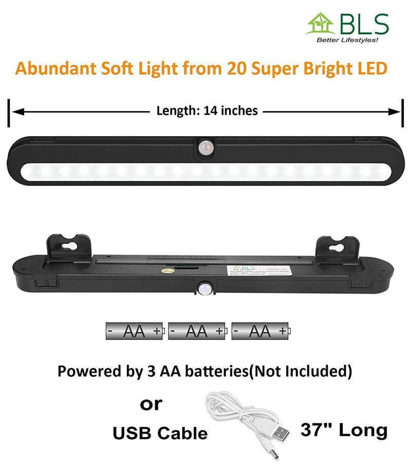 T01LB LED Closet Light - BLS Super Bright 20 LED Under Cabinet Lighting Battery Powered / DC Input Wireless Motion Sensing Light, Motion & Light Sensor, Light Beam Adjustable, Black(2 Pack) 6000 Kelvin Clean White-2 Pack (Black)