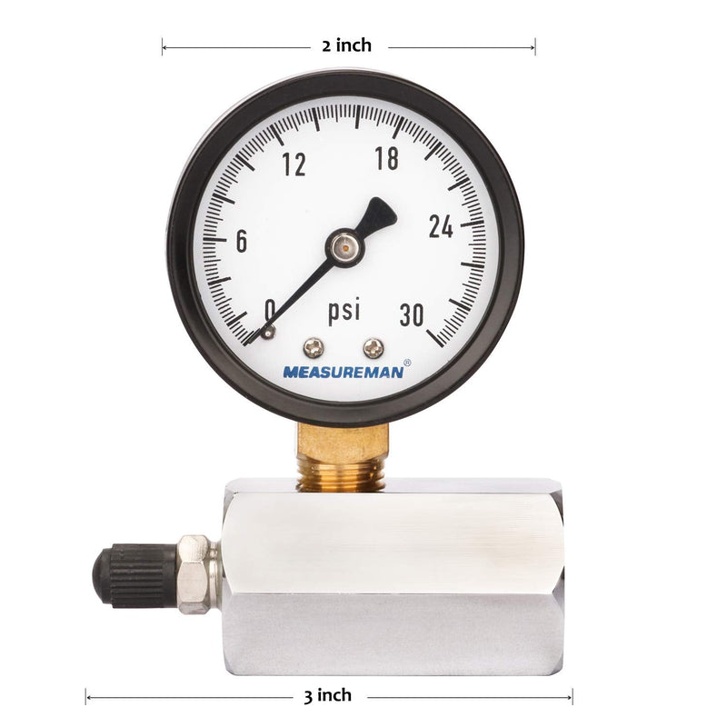 MEASUREMAN 2" Steel Gas Pressure Test Gauge Assembly, 3/4" FNPT Connection, 0-30psi, +/-3-2-3% Accuracy Chrome body