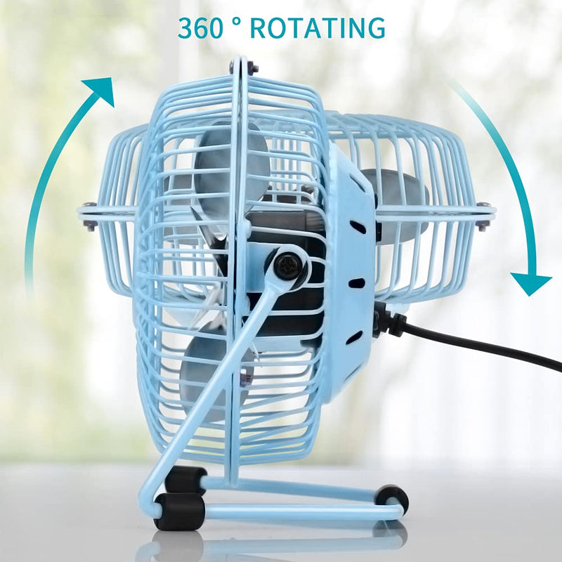 4 Inch Small USB Desk Fan, Mini Quiet Fan with Metal Construction & Strong Airflow & 360°Adjustable Tilt Angle, Personal Cooling Fan for Desktop Office (Blue) Blue
