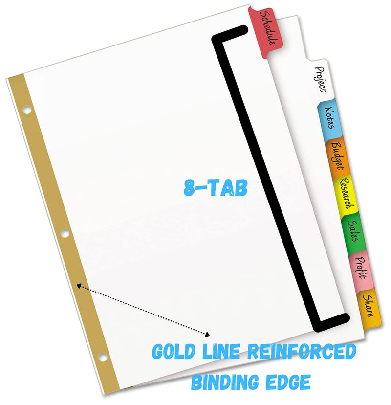 1InTheOffice Binder Dividers with Tabs, Three Ring Binder Dividers with Tabs, 8 Tab Dividers, Big Tab Write-On Paper Dividers, Multicolor, 4/Pack