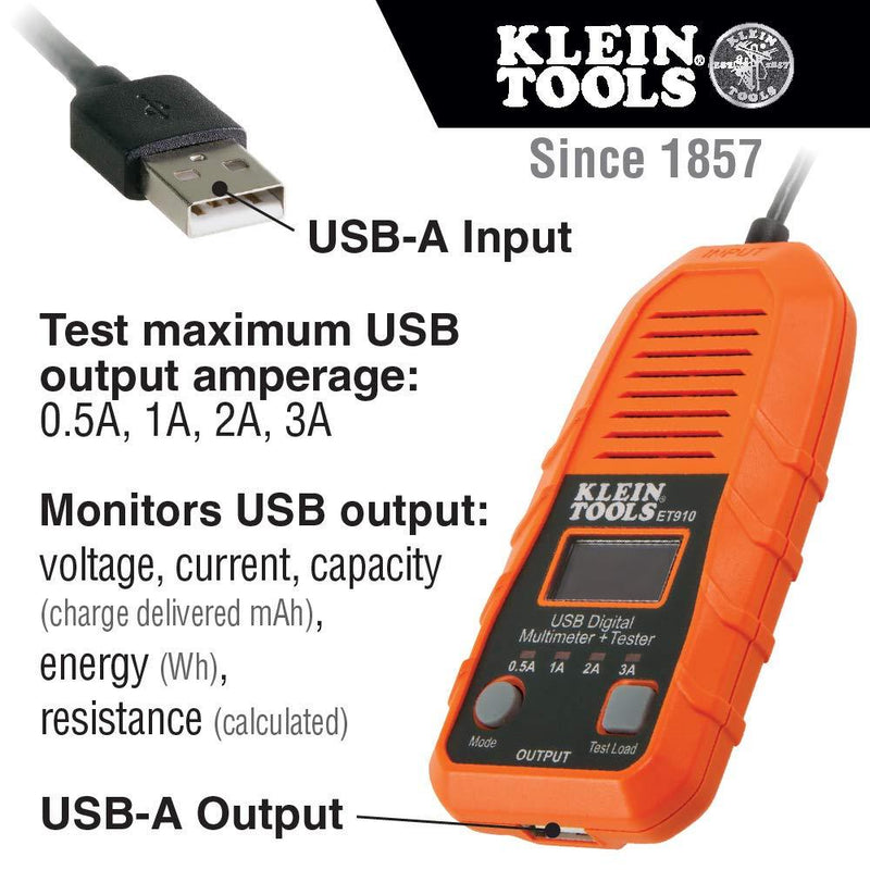 Klein Tools ET910 USB Power Meter and Tester, USB-A Digital Meter for Voltage, Current, Capacity, Energy, Resistance, Max Current USB-A Tester and Meter