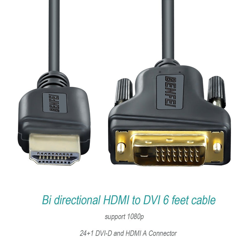 HDMI to DVI, Benfei HDMI to DVI Cable Bi Directional DVI-D 24+1 Male to HDMI Male High Speed Adapter Cable Support 1080P Full HD Compatible for Raspberry Pi, Roku, Xbox One, PS4 PS3, Graphics Card 6 Feet 1 PACK