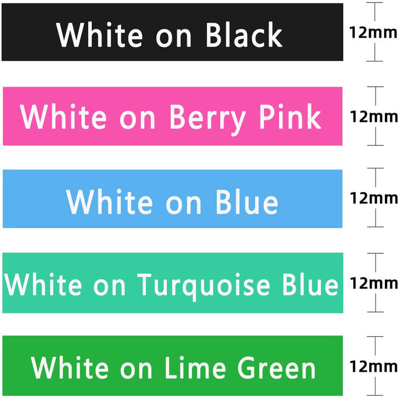 Label KINGDOM Compatible Label Tape Replacement for Brother P Touch TZe TZ Tape 12mm 0.47 Inch Laminated (White on Black,Blue,Turquoise Blue,Berry Pink,Lime Green) for Brother PTD210 PTH110 PTD400