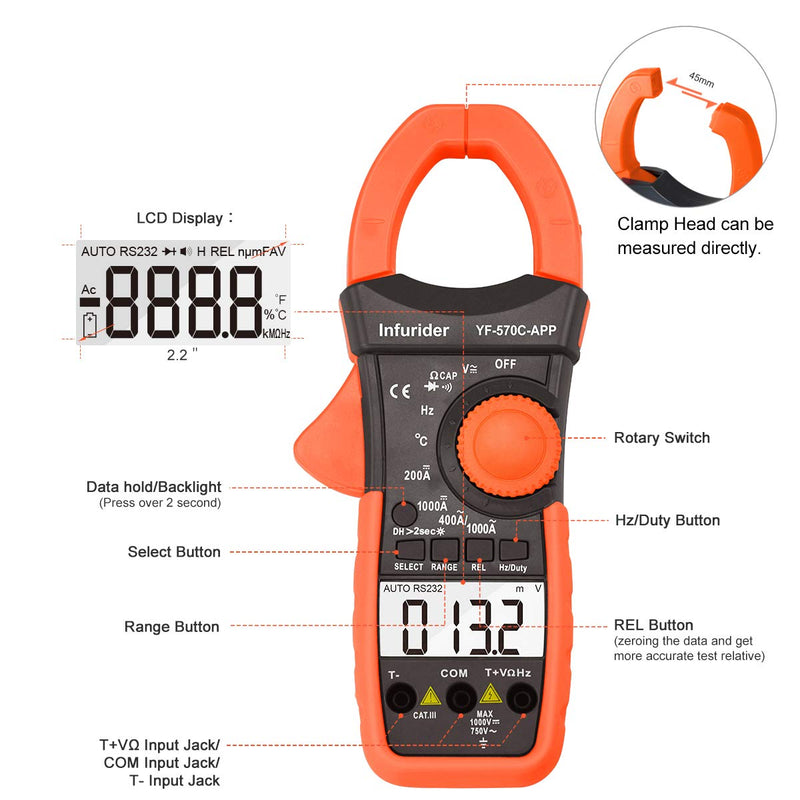 Digital Clamp Meter 570CAPP 4000 Counts Auto-ranging AC DC Volt Current Multimeter for Accurate Measure Voltage,Amp,Resistance,Capacitance,Temperature,Continuity with APP via Bluetooth 1.YF-570C-APP AC DC Current Clamp with BT