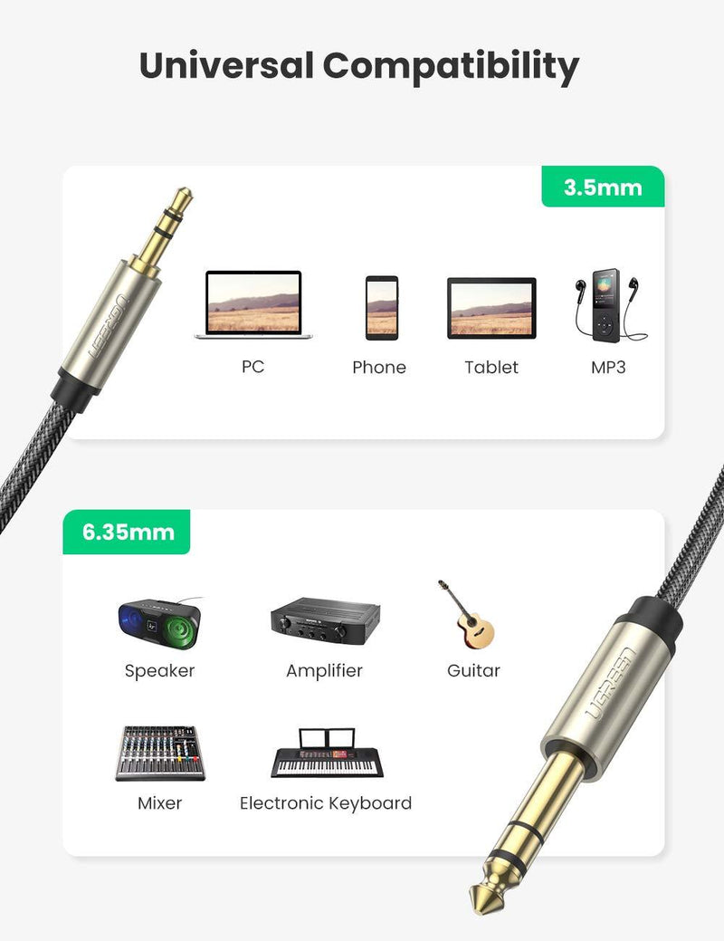 UGREEN 6.35mm 1/4 Male to 3.5mm 1/8 Male TRS Stereo Audio Cable with Zinc Alloy Housing and Nylon Braid Compatible with iPod, Laptop, Home Theater Devices, and Amplifiers 15FT