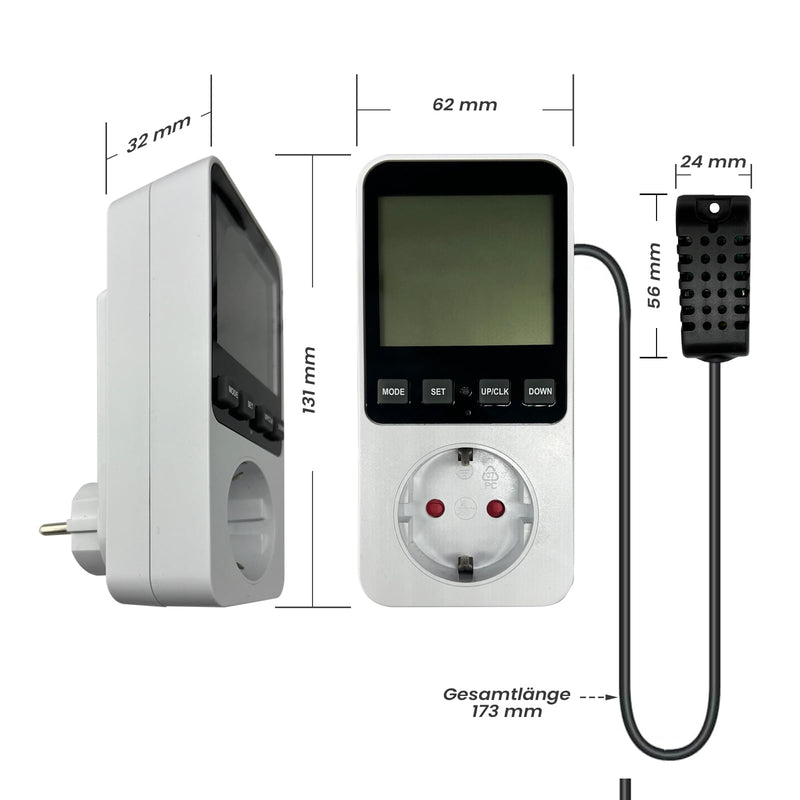 AIFIZO hygrostat socket with sensor, humidity controller 16A 230V for humidifier dehumidifier mushroom terrarium, 20~99% RH, -10°C~50°C, humidity controller temperature controller with alarm