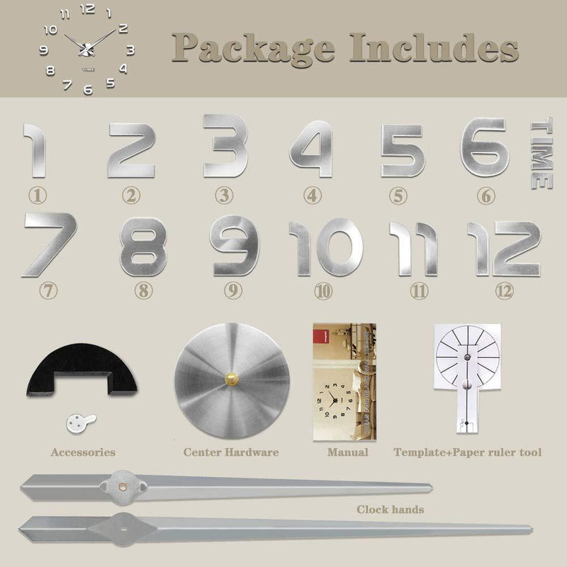 Vangold Frameless DIY Wall Clock 3D Mirror Wall Clock Large Mute Wall Stickers for Living Room Bedroom Home Decorations Silver