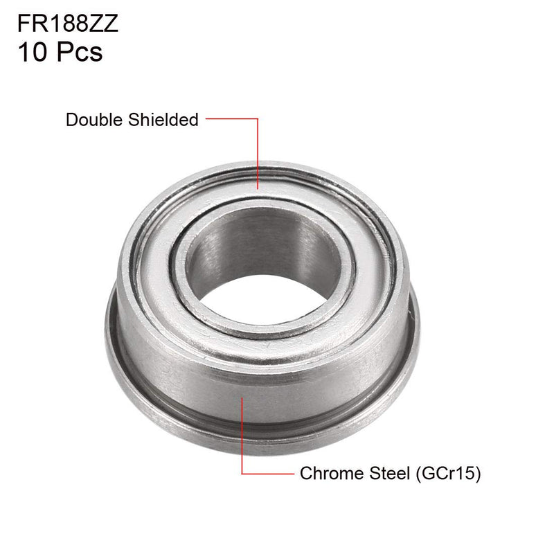 uxcell FR188ZZ Flanged Ball 1/4" x 1/2" x 3/16" Double Metal Shielded (GCr15) Chrome Steel Bearings 10pcs