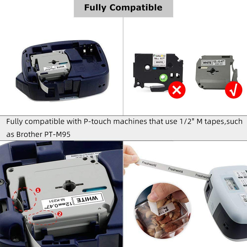 Freshworld Compatible Label Tape Replacement for P Touch M Tape M231 MK231 M-K231 0.47 Inch(12mm) x 26.2 Feet (8m),Work with Brother Ptouch PT-M95 PT-90 PT70 PT-65 PT85,Black on White,4-Pack 4