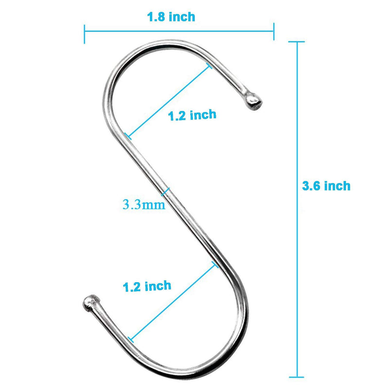 Dreecy 3.6 inch S Shaped Hooks (24 Pack) Heavy Duty Stainless Steel Metal S Hooks Rack Hangers for Hanging Kitchenware Pan Pots Utensils Clothes Bags Towels Plants,Bedroom and Office, Silver