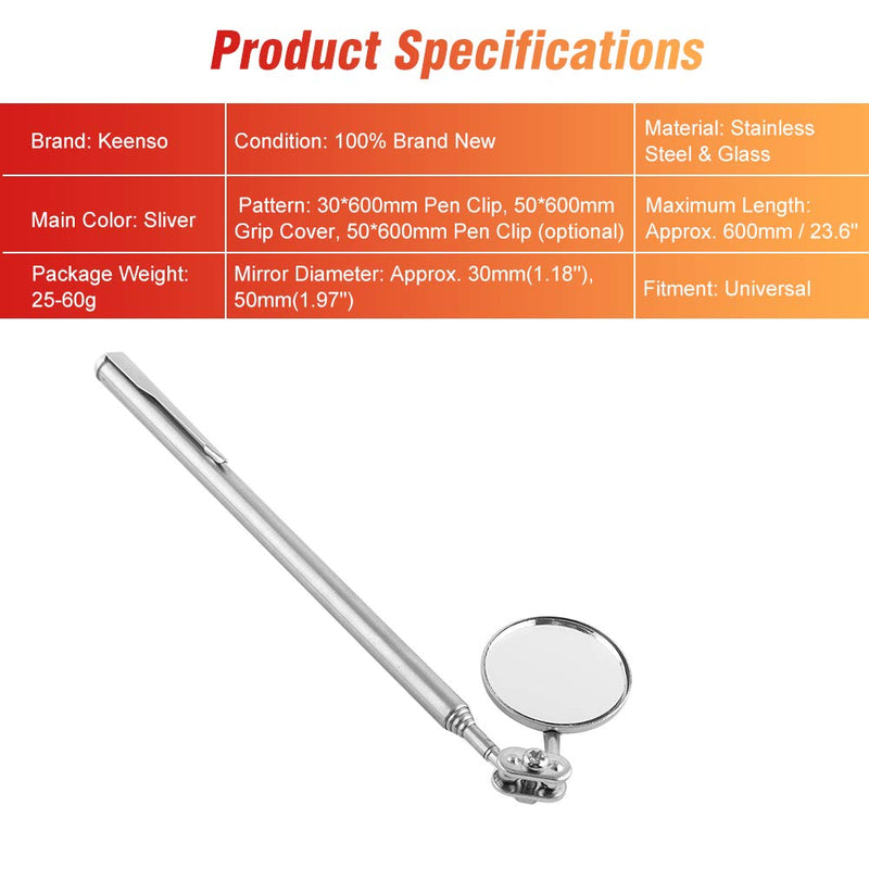Retractable Round Inspection Mirror Telescoping Mirror Round Telescopic Mirror Tool Hand Tool with Handle for Mechanics Cars(30×600mm Pen Clip)