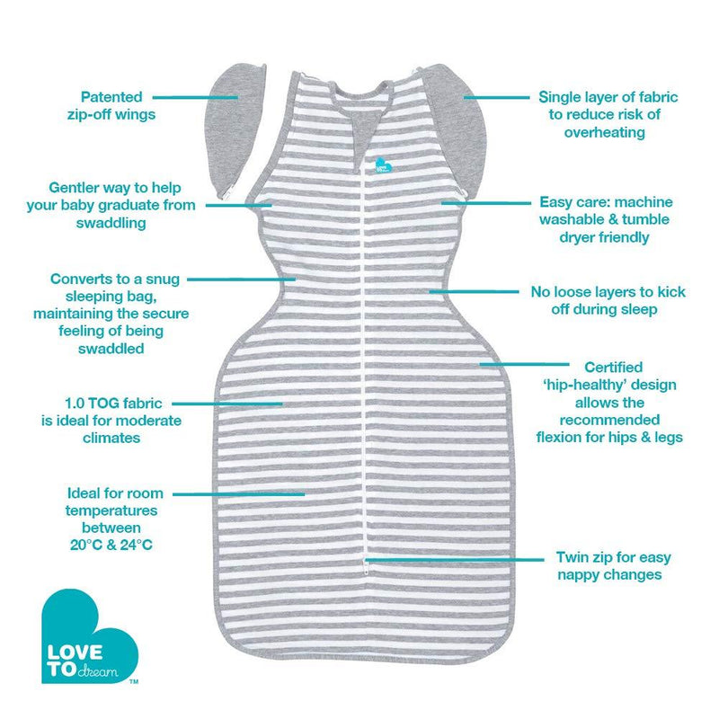 Love To Dream Swaddle UP Transition Bag, Gray, Large, 19-24 lbs., Patented Zip-Off Wings, Gently Help Baby Safely Transition from Being swaddled to arms Free Before Rolling Over Large (Pack of 1)