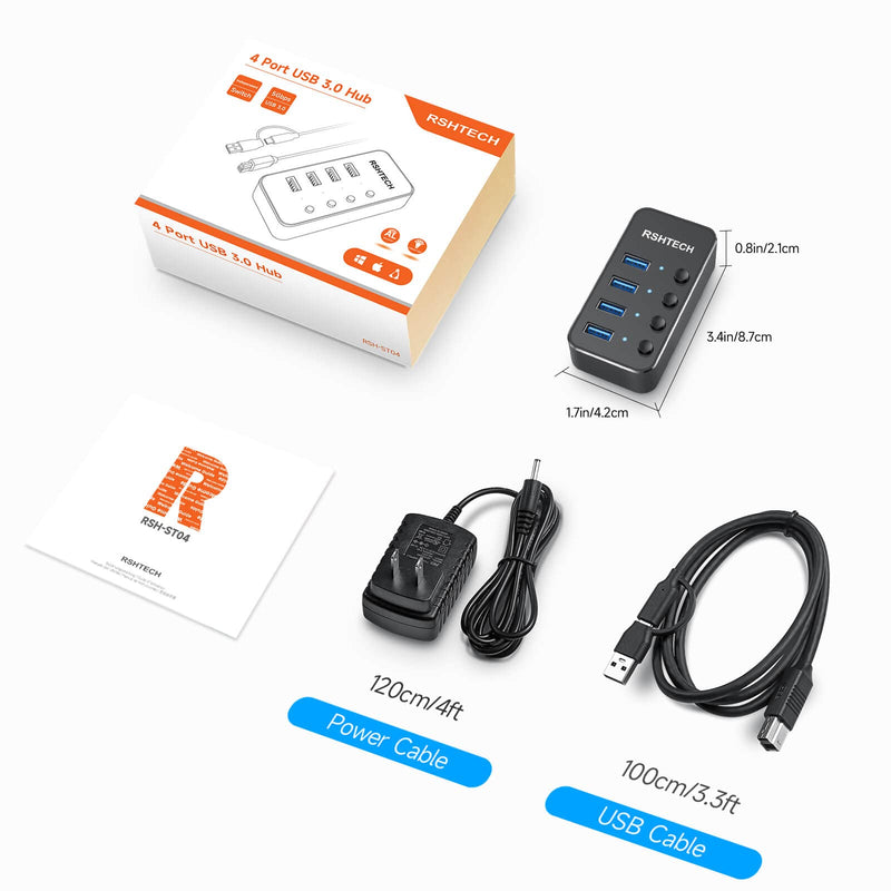 USB 3.0 Hub RSHTECH 4 Port Powered USB 3.0/USB C Hub Upgraded Version with 2-in-1 3.3ft USB Cable,5V Power Adapter and Individual Switches, Portable Aluminum USB Splitter for Laptop and PC, RSH-ST04 4-Port USB hub