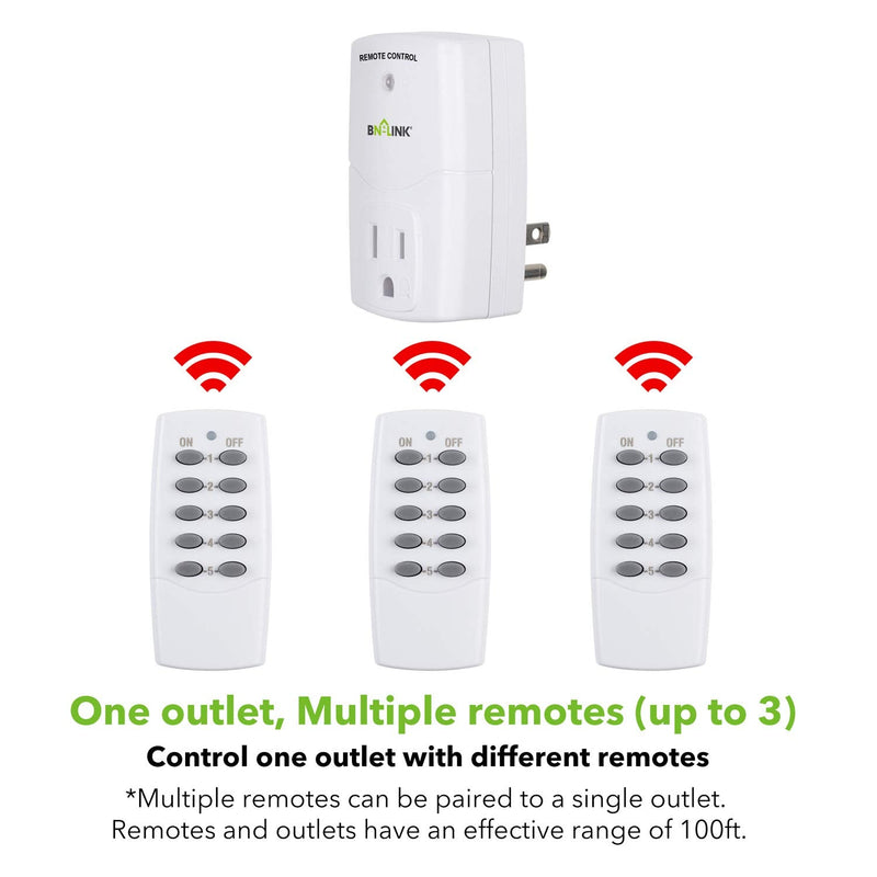BN-LINK Mini Wireless Remote Control Outlet Switch Power Plug in for Household Appliances, Wireless Remote Light Switch, LED Light Bulbs, White (2 Remotes + 5 Outlets) 1200W/10A