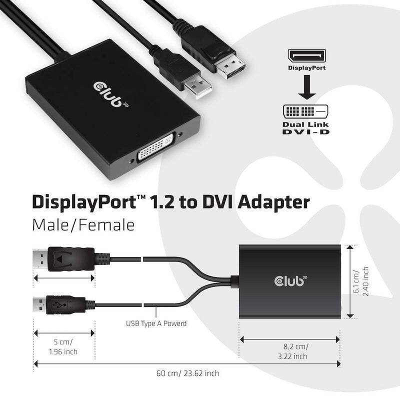 Club 3D CAC-1010 DisplayPort to DVI Dual-Link DVI-D Active Adapter for Your Monitor/Display - USB A Powered – 2560x1600 Resolution HDCP Supported NOT for Apple Cinema Monitors, Black HDCP ON