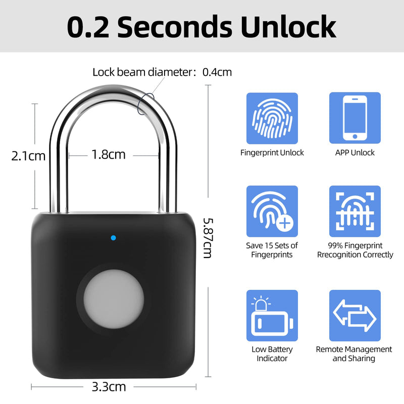 Fingerprint Padlock, Pothunder Smart Padlock with Keyless Biometric, Bluetooth Lock, Biometric Padlock, Suitable for Gym, Sports, Bike, School, Locker and Storage(P8BF-Black) Black