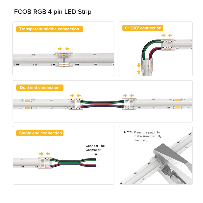 BTF-LIGHTING FCOB CCT RGB 4pin 10mm Connector kit 12pcs Transparent Connector 6pcs 15cm long 22AWG extension cable wire/board to board for gap-free soldering and 4pin LED light corner connection