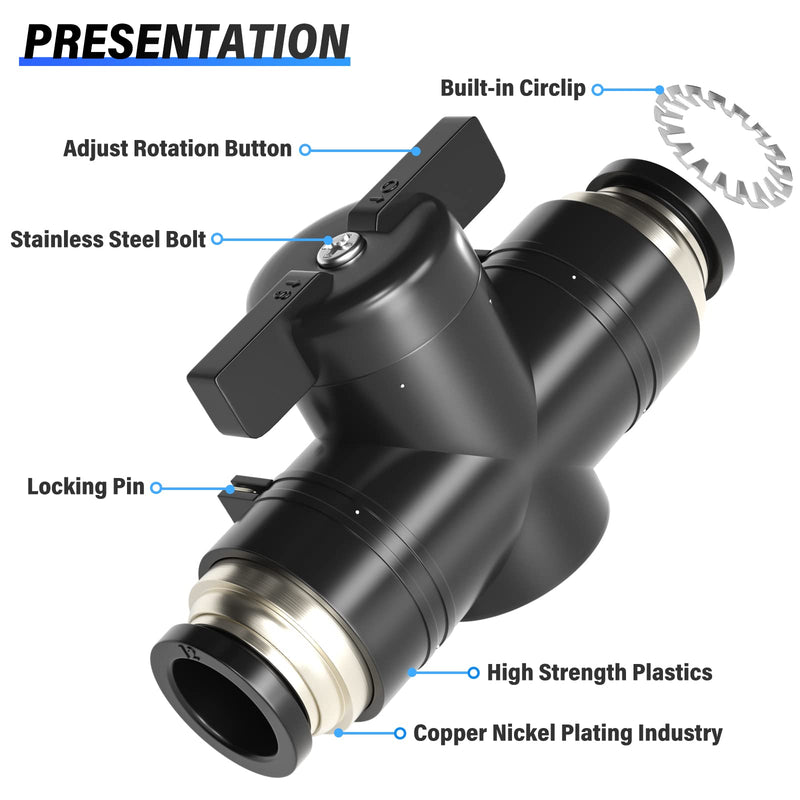 TAILONZ PNEUMATIC BVU-1/4 OD Ball Valve Air Flow Control Valve Push to Connect Fitting（Pack of 3） 1/4 Inch