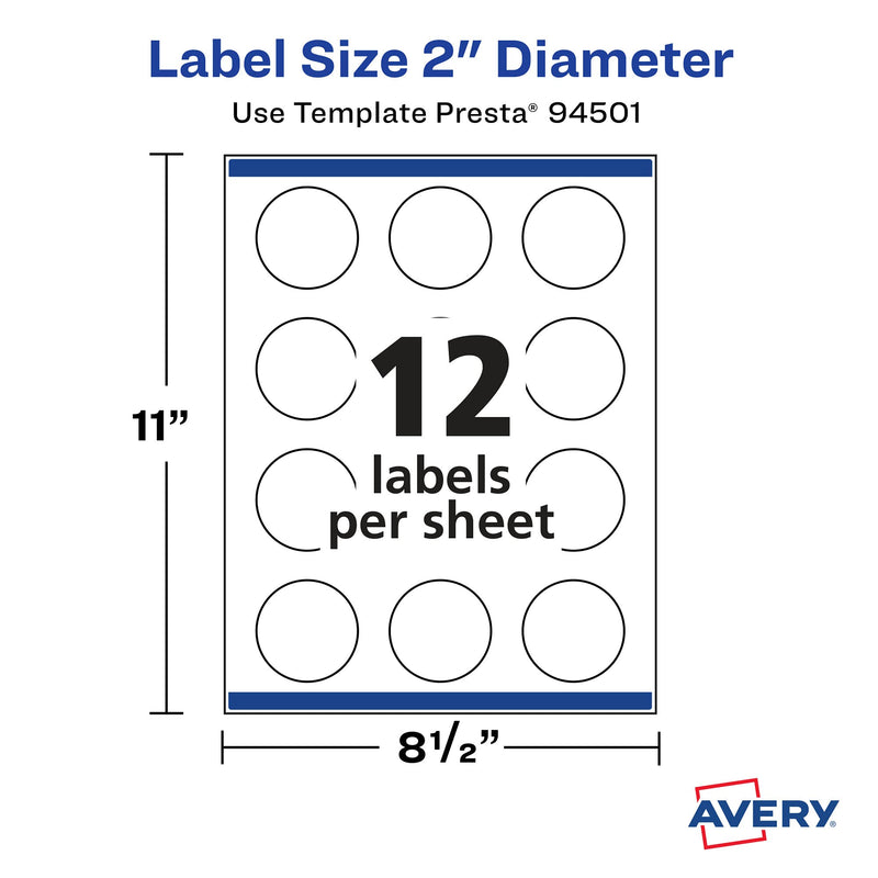 Avery Matte White Round Labels with Sure Feed, 2" Diameter, 300 Matte White Printable Labels 300 Labels