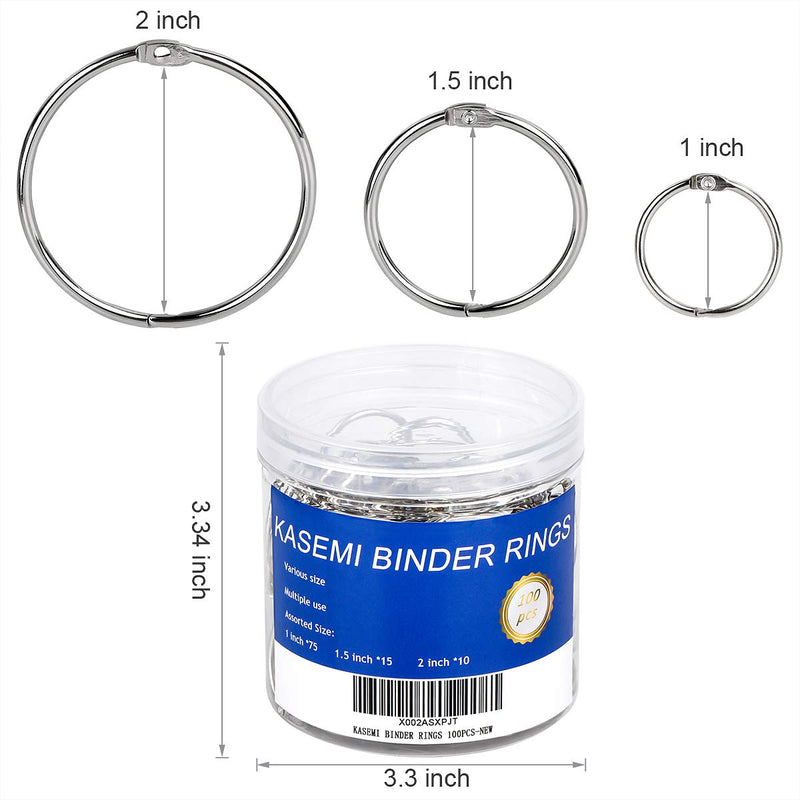 Binder Rings,KASEMI 100pcs Book Rings Assorted Sizes (1,1.5,2 inch) for School,Classroom,Office