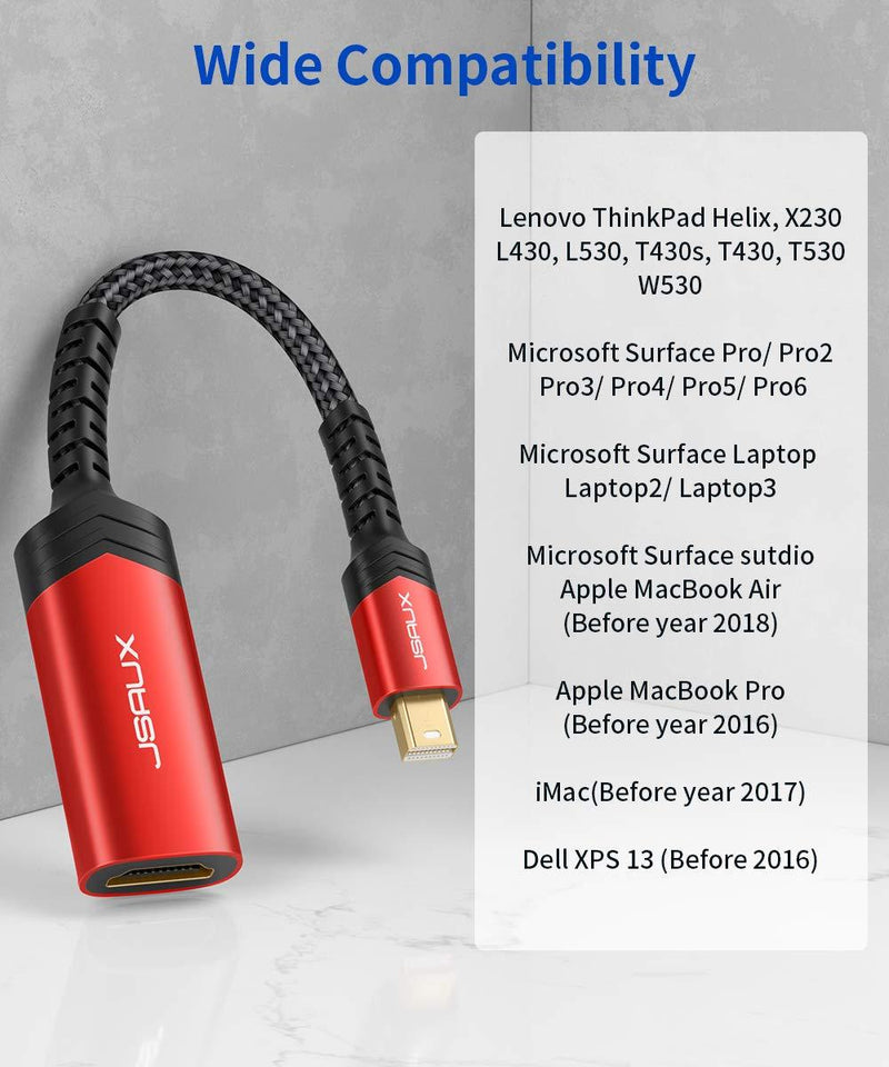 Mini DisplayPort to HDMI Adapter, JSAUX Mini DP (Thunderbolt) to HDMI Adapter Nylon Braided Aluminum Shell Compatible with MacBook Air/Pro, Microsoft Surface Pro/Dock, Monitor, Projector and More-Red Red
