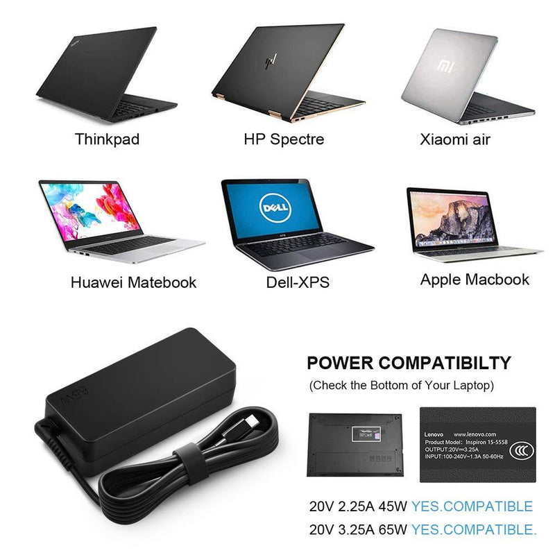 USB C Laptop Charger 65W 45W for Lenovo Chromebook 100e 300e 500e C330 S330 ThinkPad T480 T480s T580 T580s E480 E580 Yoga A485 T490S T590 C930 C940 13 IdeaPad 730s AC Adapter Power Supply