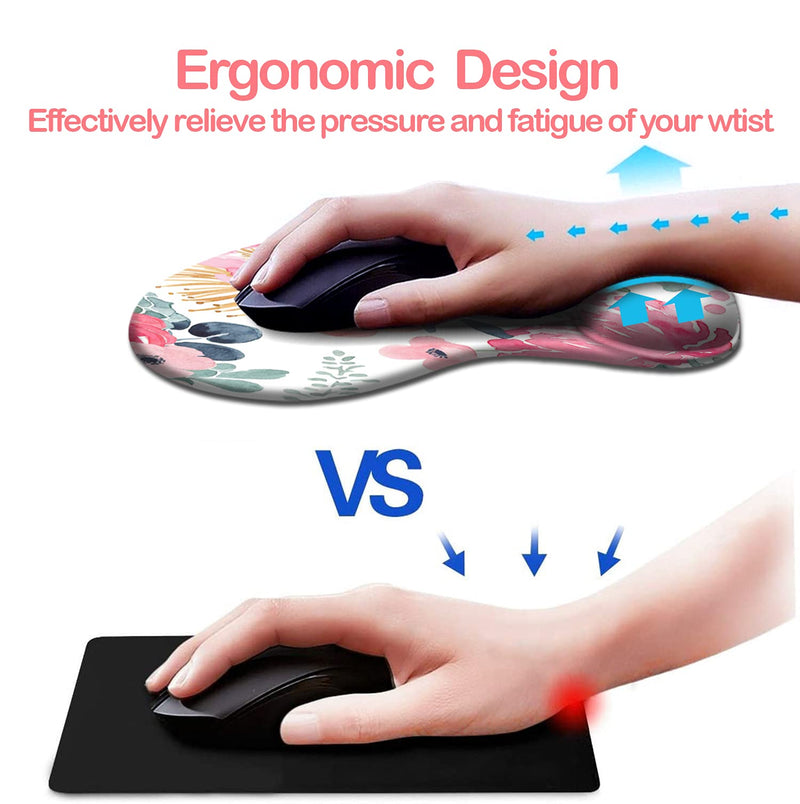 Dooke Ergonomic Mouse Pad with Wrist Support, Cute Mouse Pads with Non-Slip Rubber Base for Home Office Working Studying Easy Typing & Pain Relief Pink Green Flower