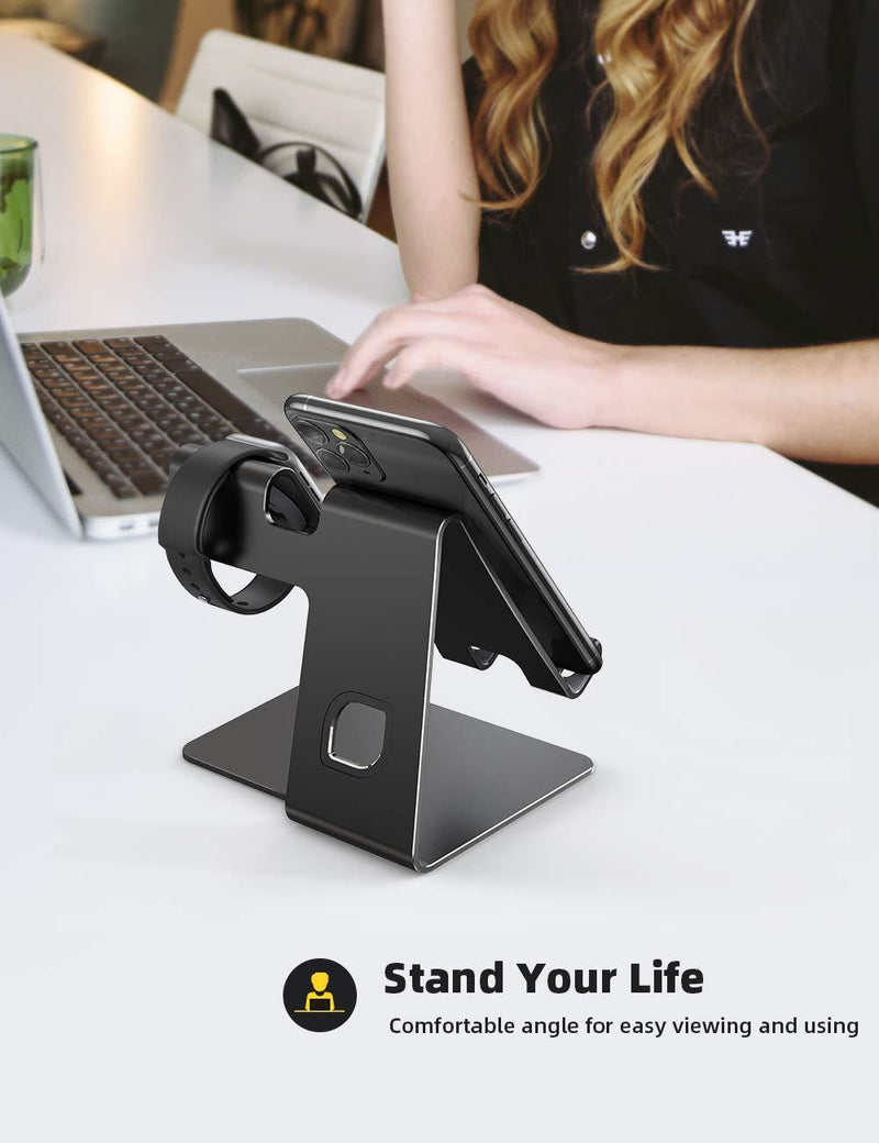 Stand for Apple Watch Phone Holder 2 in 1 : Lamicall Desktop Stand Holder Charging Station Dock Compatible with Apple Watch SE Series 6/5/4/3/2/1, and Phone 12 Pro 11 Mini XS Max X XR 8 7 6s Plus SE Black